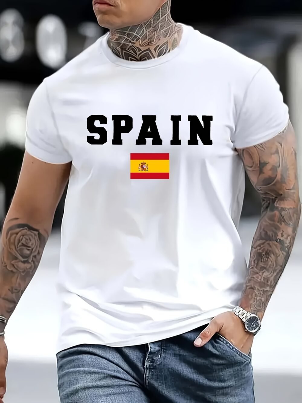 Camiseta de manga corta con cuello redondo y estampado de la bandera de España para hombre, tejido de punto de poliéster, corte regular, ligera elasticidad, estilo casual urbano con diseño patriótico para camiseta de verano para adultos. - Image 5