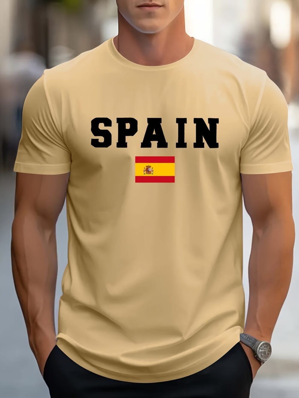 Camiseta de manga corta con cuello redondo y estampado de la bandera de España para hombre, tejido de punto de poliéster, corte regular, ligera elasticidad, estilo casual urbano con diseño patriótico para camiseta de verano para adultos. - Image 4