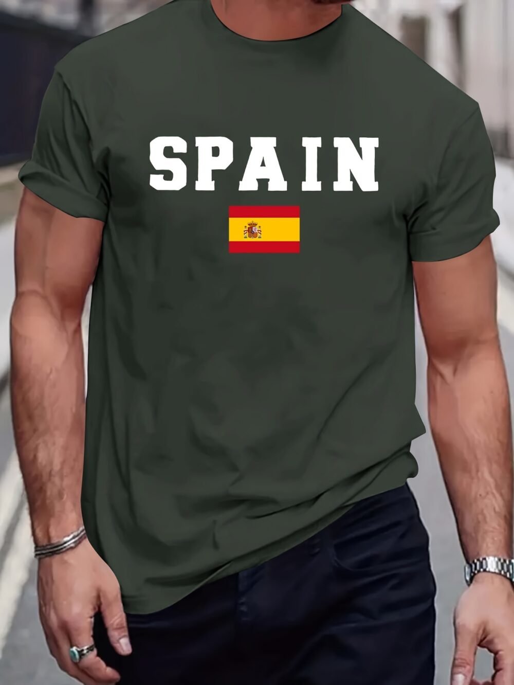Camiseta de manga corta con cuello redondo y estampado de la bandera de España para hombre, tejido de punto de poliéster, corte regular, ligera elasticidad, estilo casual urbano con diseño patriótico para camiseta de verano para adultos.