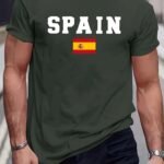 Camiseta de manga corta con cuello redondo y estampado de la bandera de España para hombre, tejido de punto de poliéster, corte regular, ligera elasticidad, estilo casual urbano con diseño patriótico para camiseta de verano para adultos.