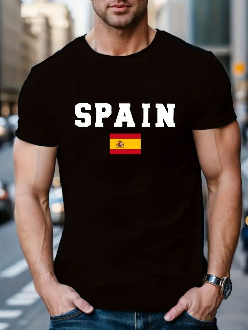 Camiseta de manga corta con cuello redondo y estampado de la bandera de España para hombre, tejido de punto de poliéster, corte regular, ligera elasticidad, estilo casual urbano con diseño patriótico para camiseta de verano para adultos. - Image 2
